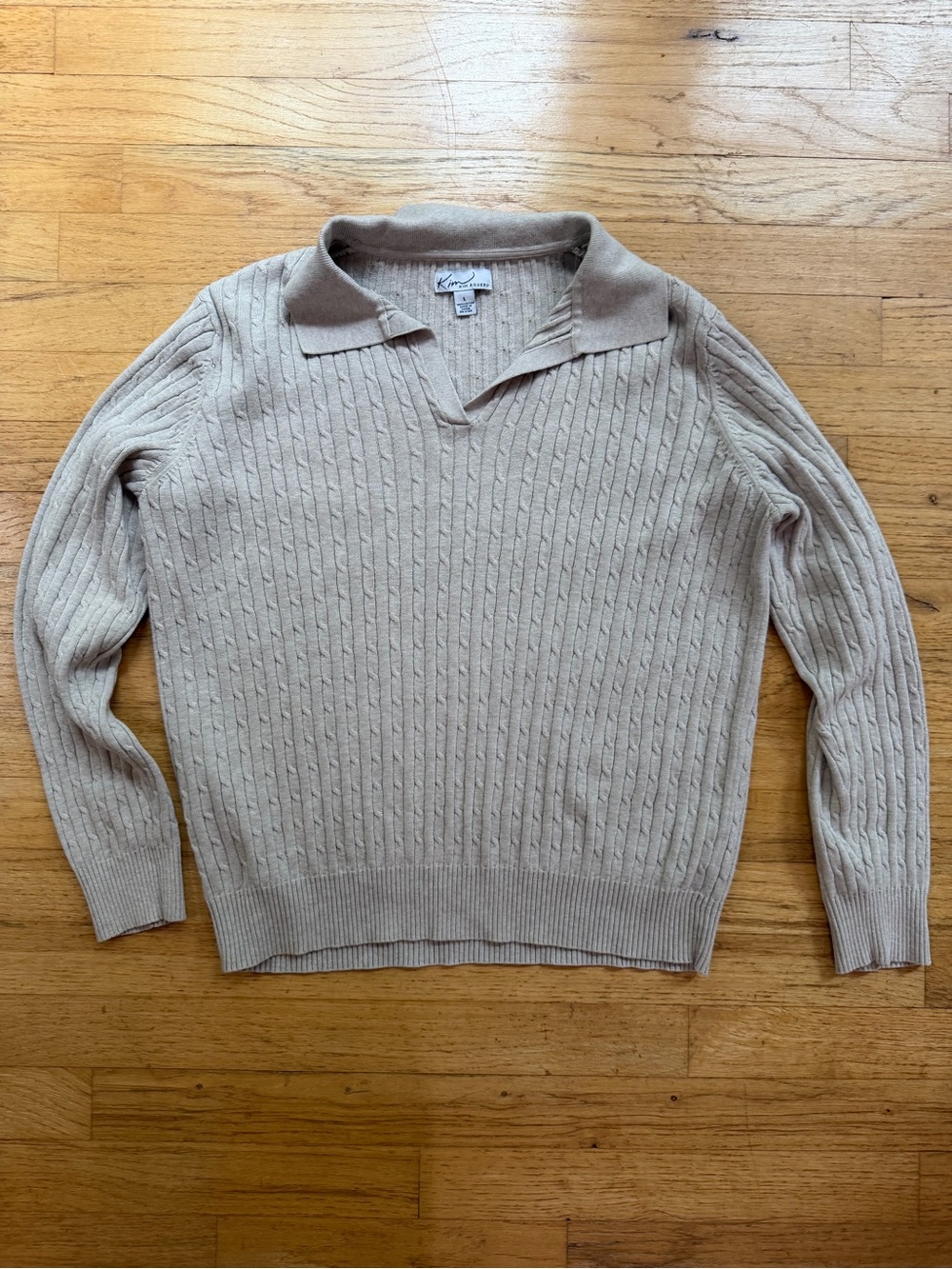 Kim Rogers Women's Tan Cable-Knit V-Neck Polo Sweater